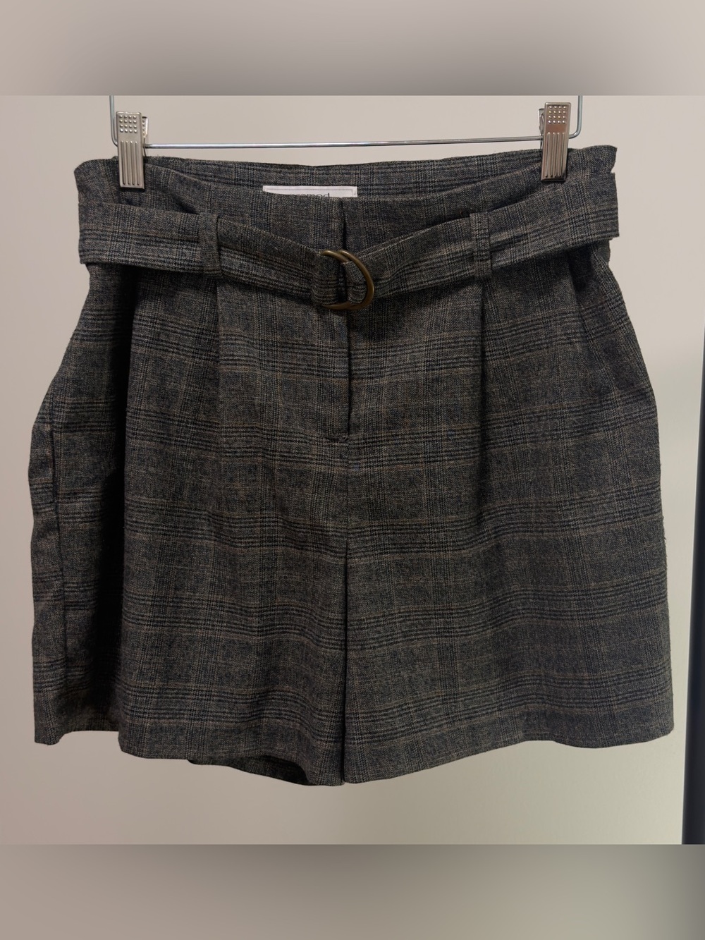 PROMOD French Boutique Plaid Belted Tailored Shorts Gray High Rise Size 6